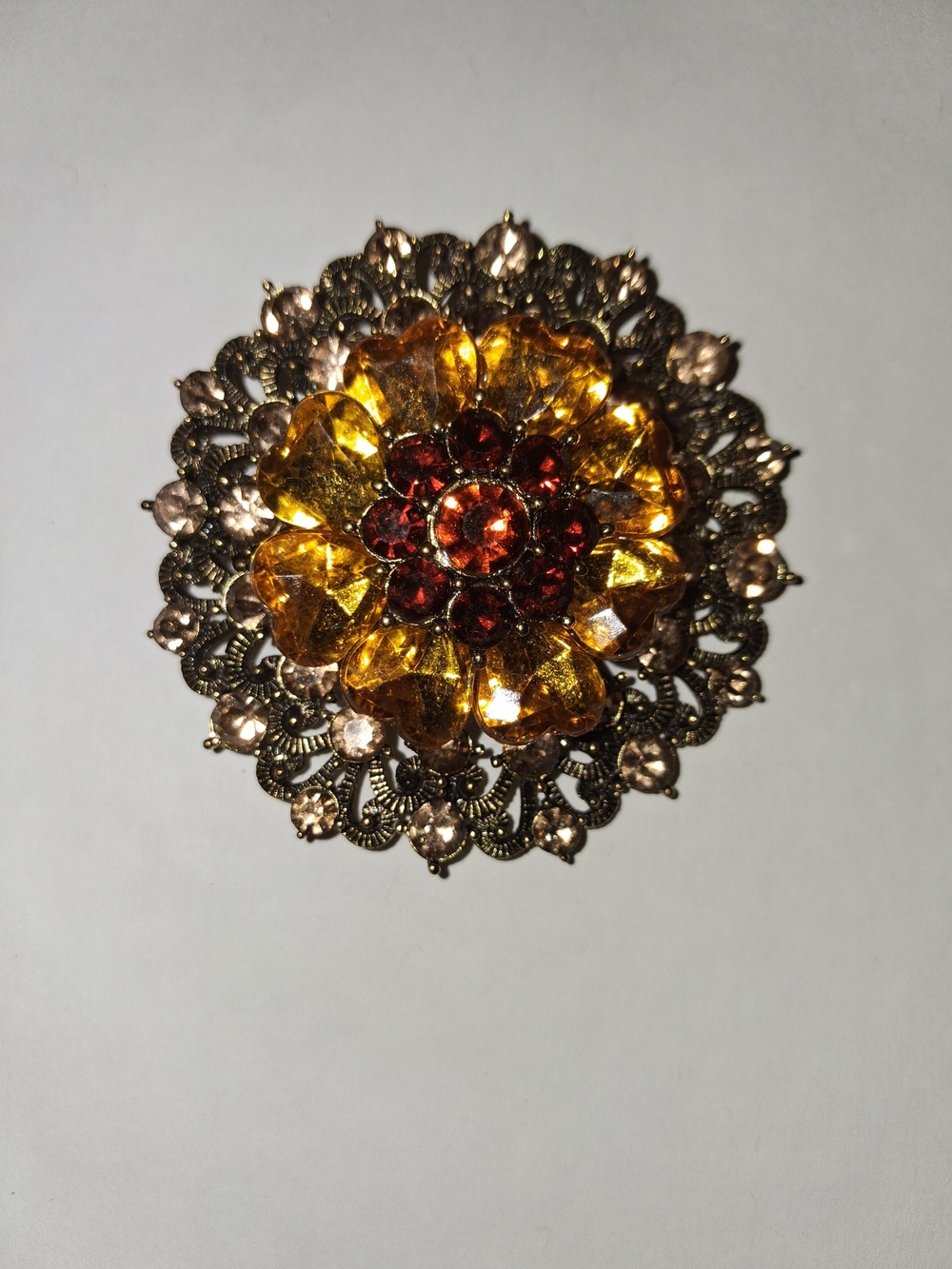 Gold-Tone Amber and Red Crystal Floral Brooch - Women Jewelry